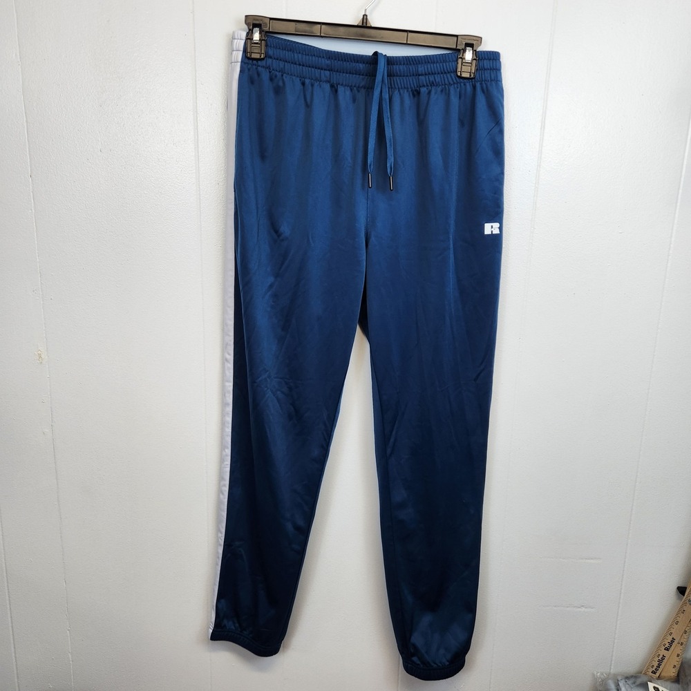 Russell Athletic Pants Mens Large Blue White Track Joggers Polyester Athletic